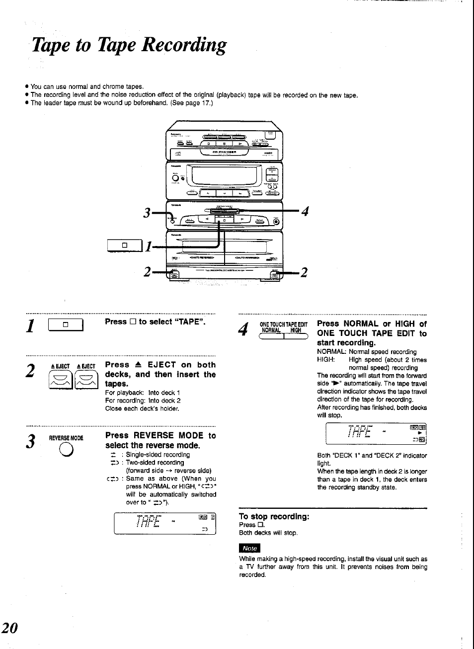 Tape to tape recording, Press □ to select “tape, Press reverse mode to select the reverse mode | Panasonic SCCH52 User Manual | Page 20 / 28