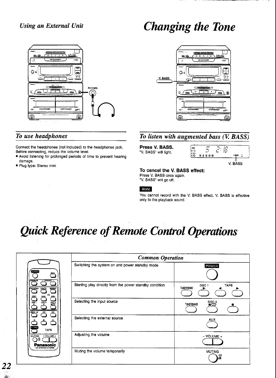 Changing the tone, To listen with augmented bass (v. bass), To cancel the v. bass effect | О о о, Using an external unit, A z i z, Q q о, Q q q, Common operation | Panasonic SCCH52 User Manual | Page 22 / 28