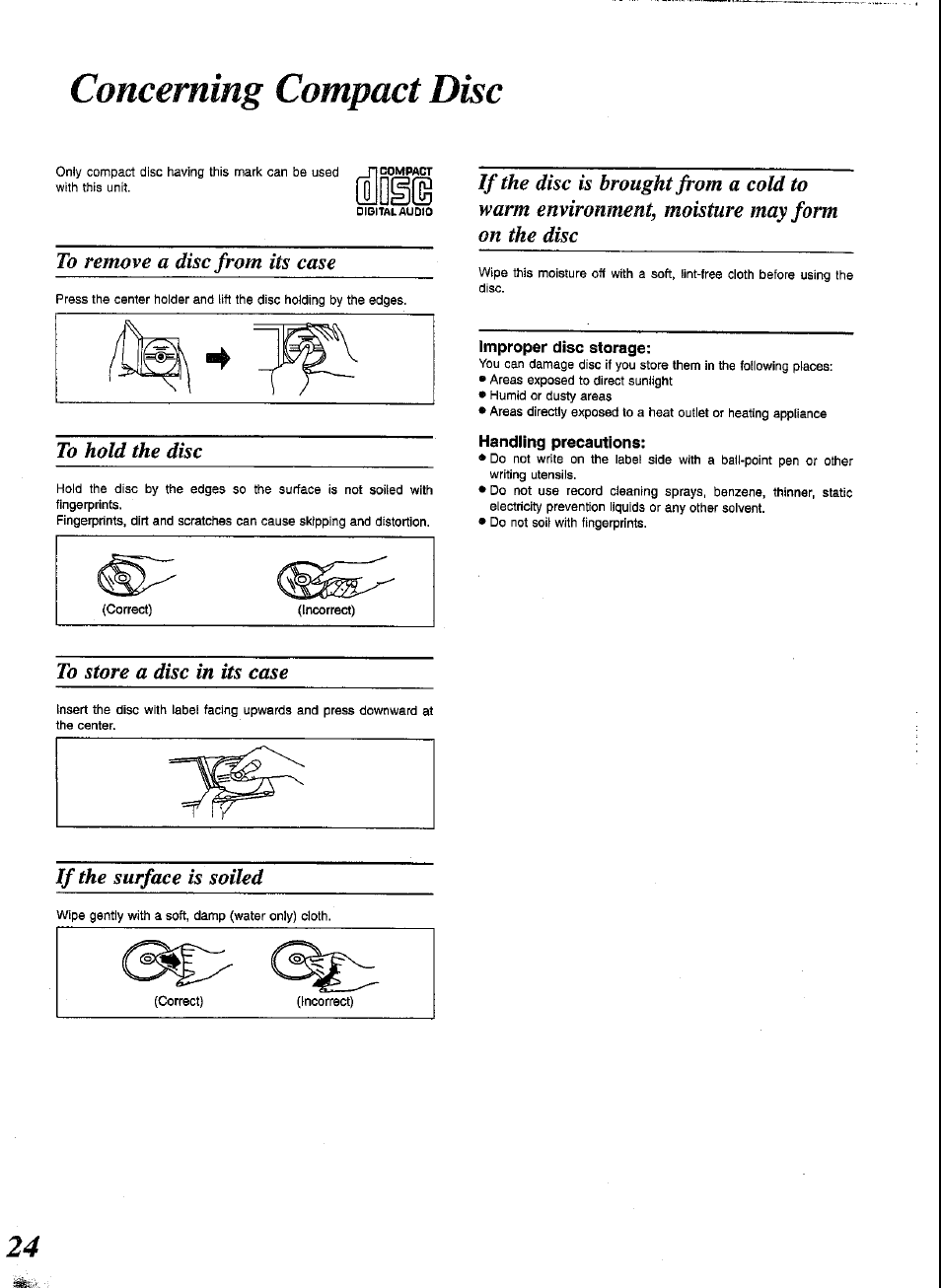 Concerning compact disc, To hold the disc, To store a disc in its case | If the surface is soiled | Panasonic SCCH52 User Manual | Page 24 / 28