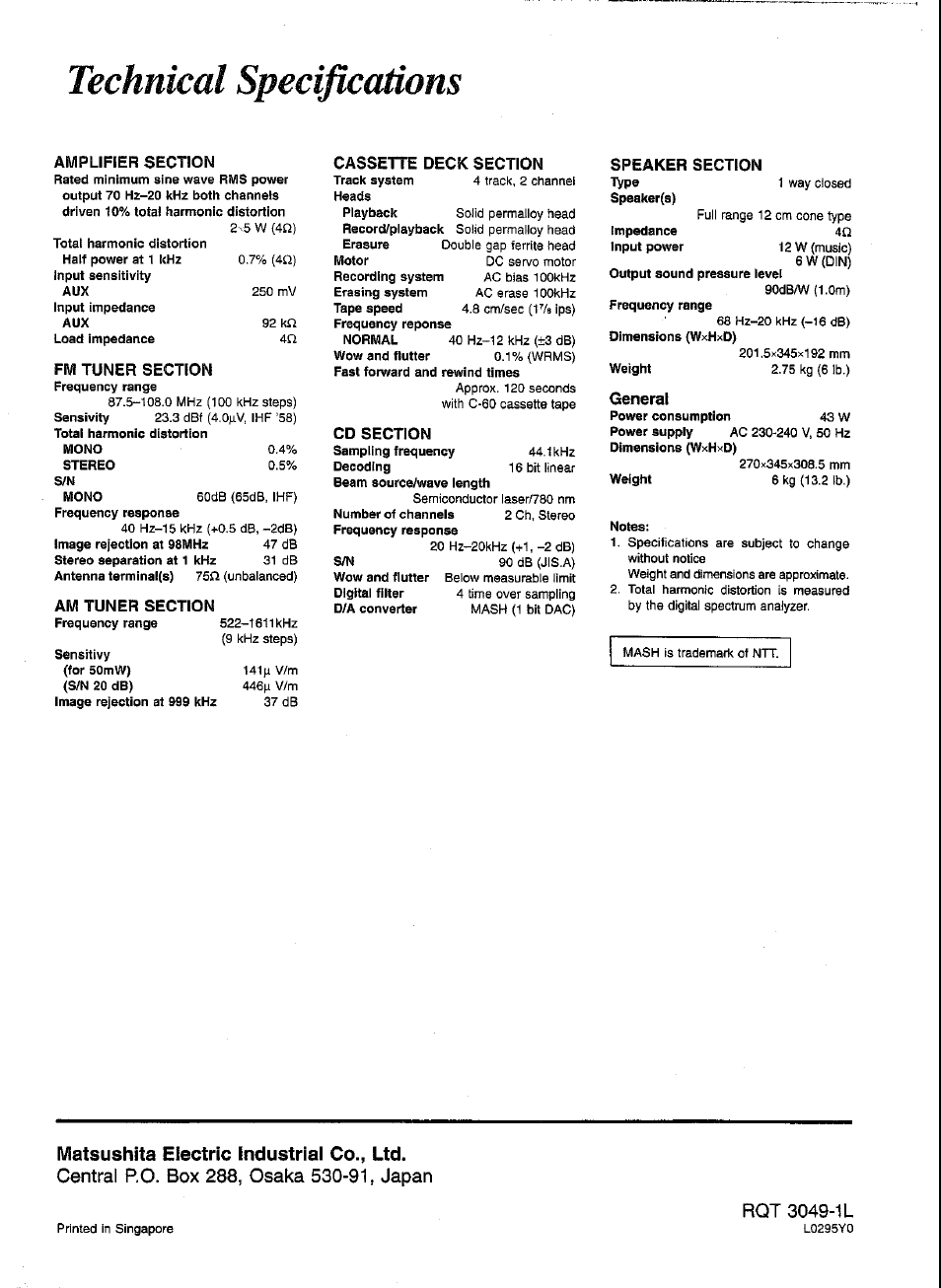 Technical specifications, Matsushita electric industrial co., ltd | Panasonic SCCH52 User Manual | Page 28 / 28