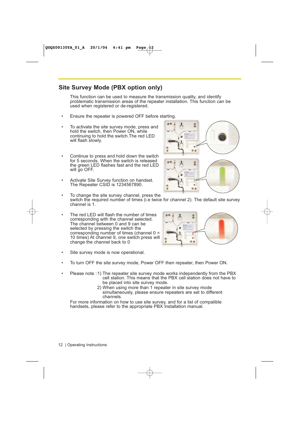 Site survey mode (pbx option only) | Panasonic KX-A272 User Manual | Page 12 / 20