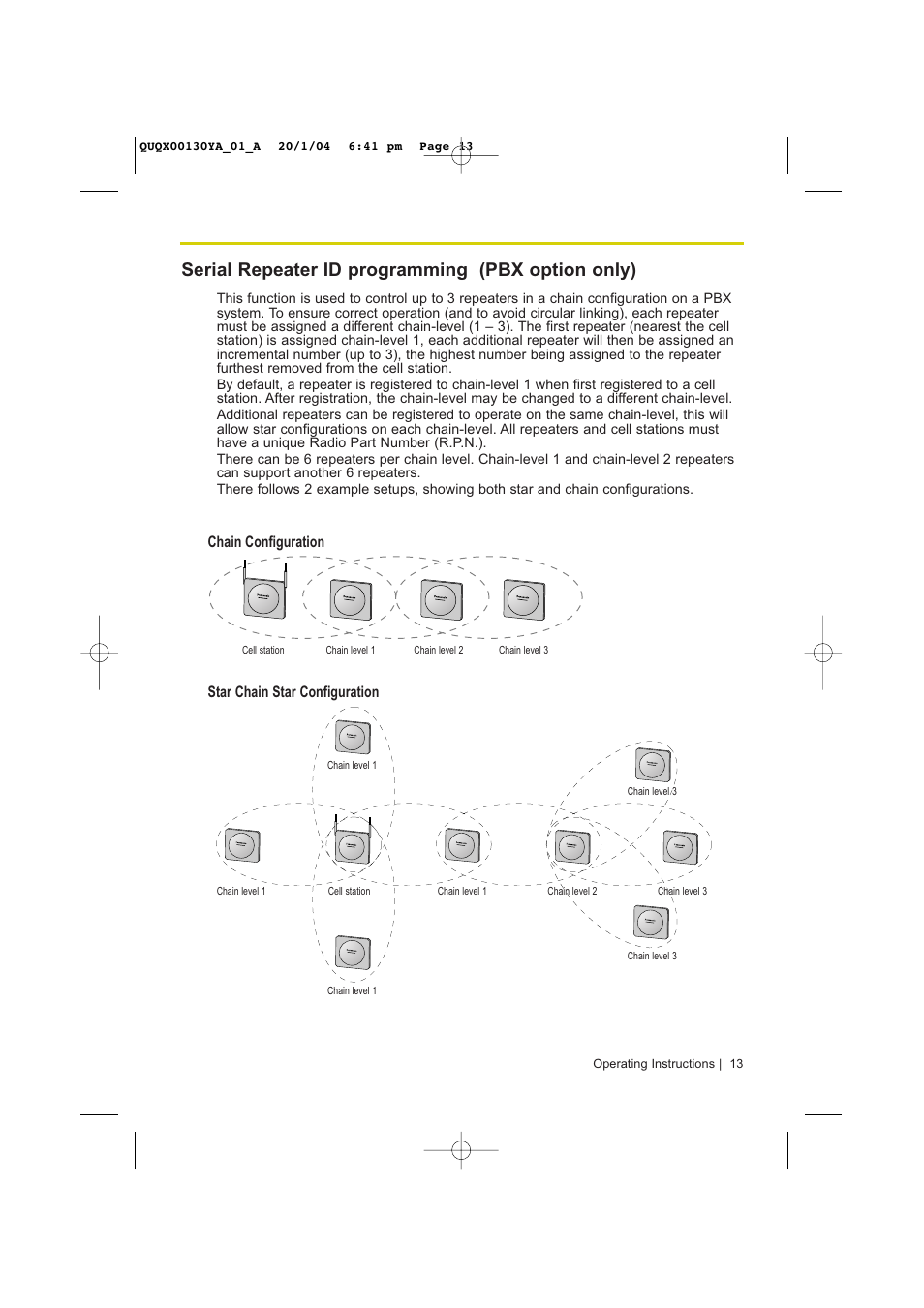 Serial repeater id programming (pbx option only), Star chain star configuration chain configuration | Panasonic KX-A272 User Manual | Page 13 / 20