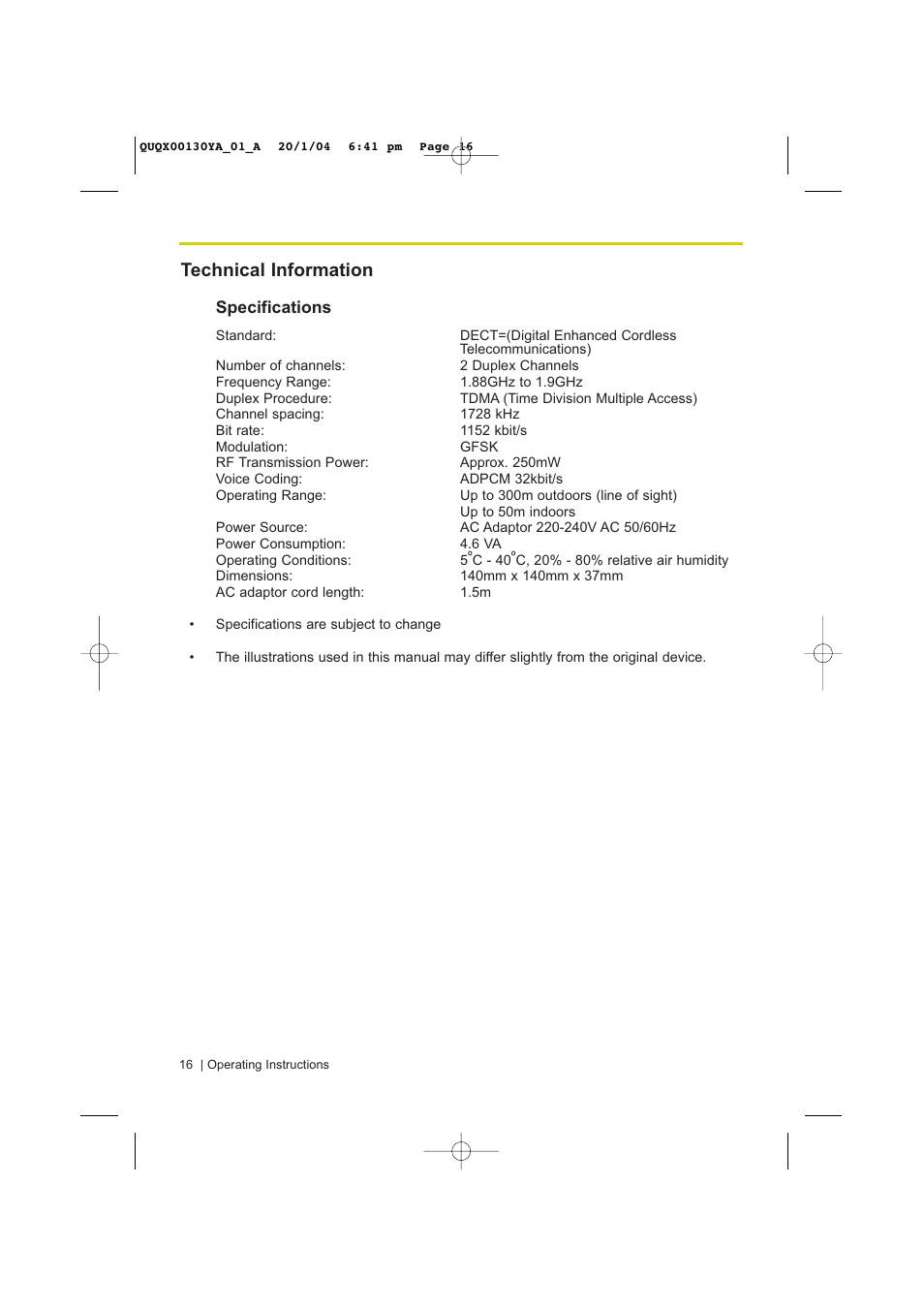 Technical information | Panasonic KX-A272 User Manual | Page 16 / 20