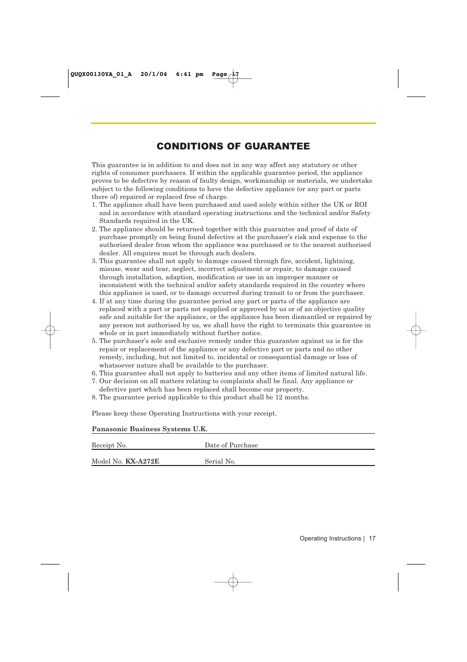 Conditions of guarantee | Panasonic KX-A272 User Manual | Page 17 / 20