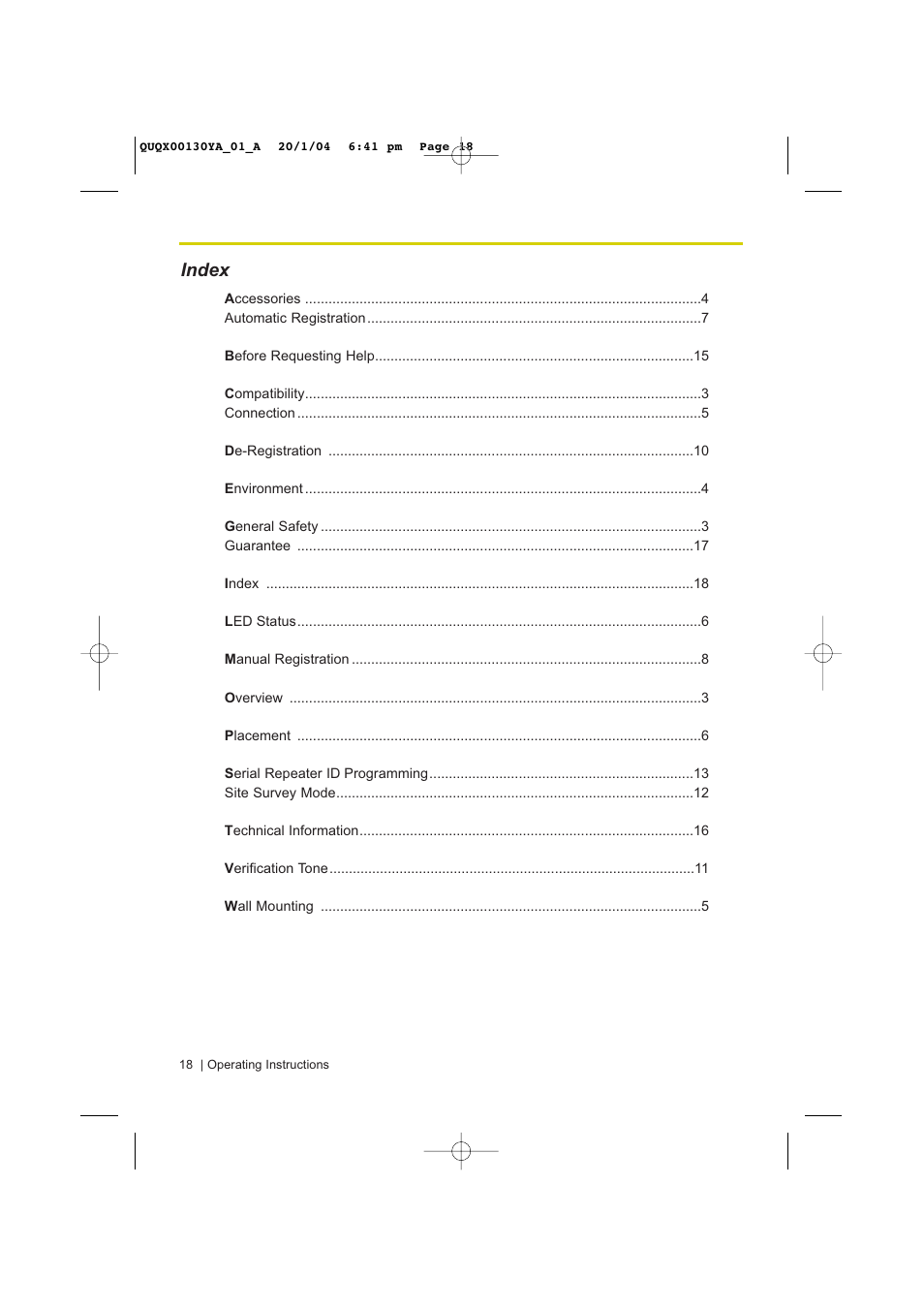 Index | Panasonic KX-A272 User Manual | Page 18 / 20