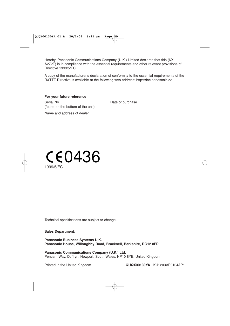 Panasonic KX-A272 User Manual | Page 20 / 20