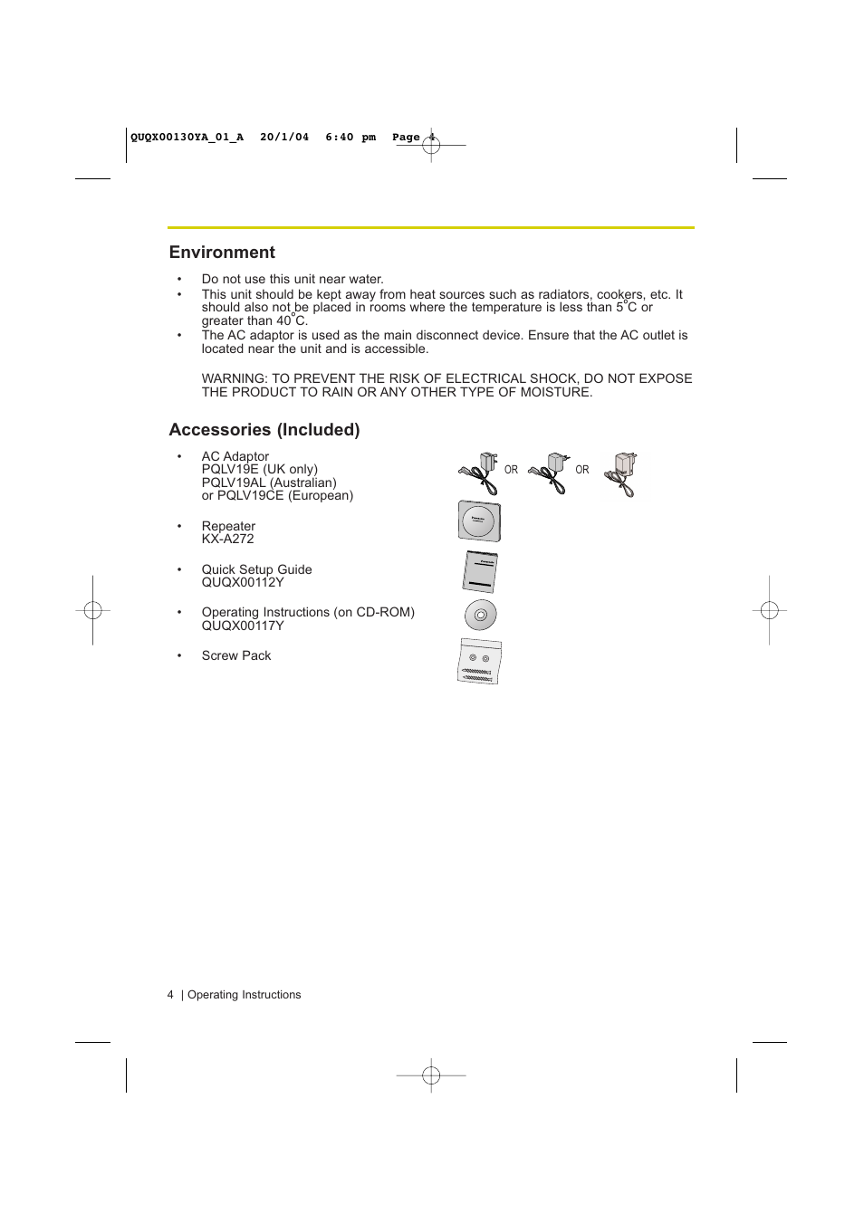 Environment, Accessories (included) | Panasonic KX-A272 User Manual | Page 4 / 20