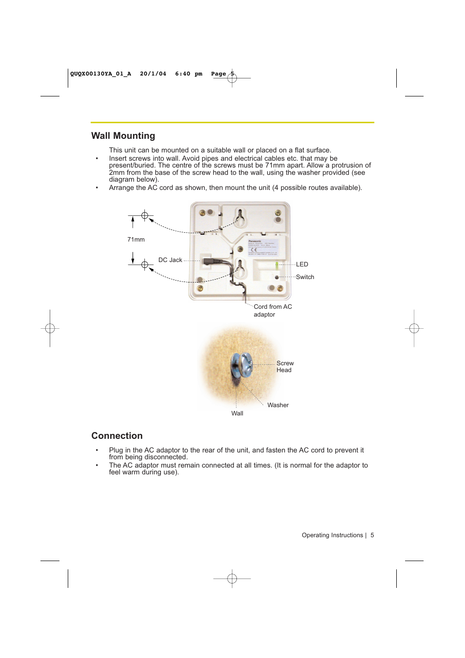 Wall mounting, Connection | Panasonic KX-A272 User Manual | Page 5 / 20