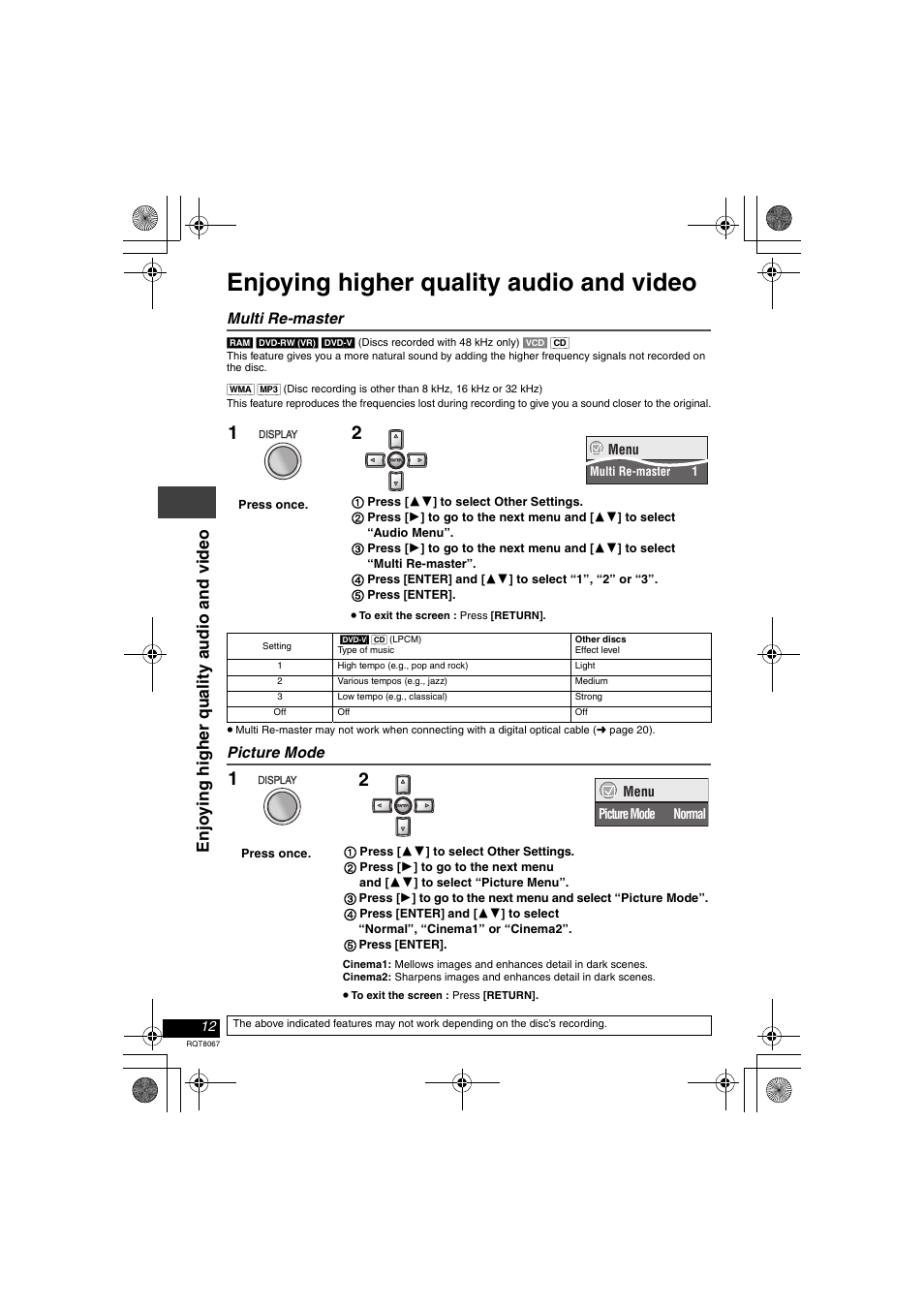 Enjoying higher quality audio and video, Enj o ying hi gher quali ty audi o and vi deo, Multi re-master | Picture mode | Panasonic DVD-LS90  EN User Manual | Page 12 / 32