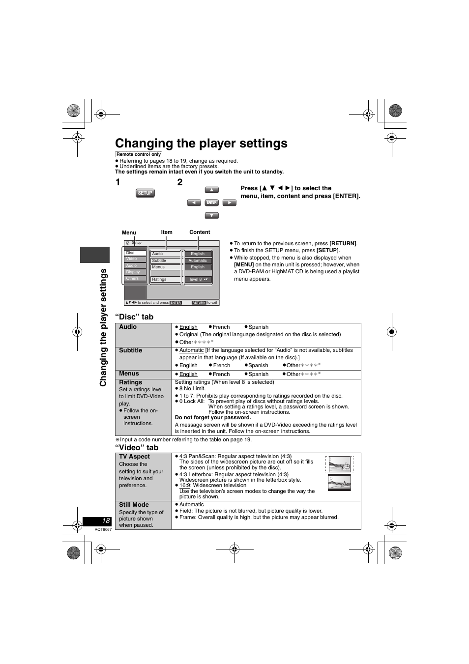 Changing the player settings, Changi ng t he pla y er set ti ngs, Disc” tab | Video” tab | Panasonic DVD-LS90  EN User Manual | Page 18 / 32