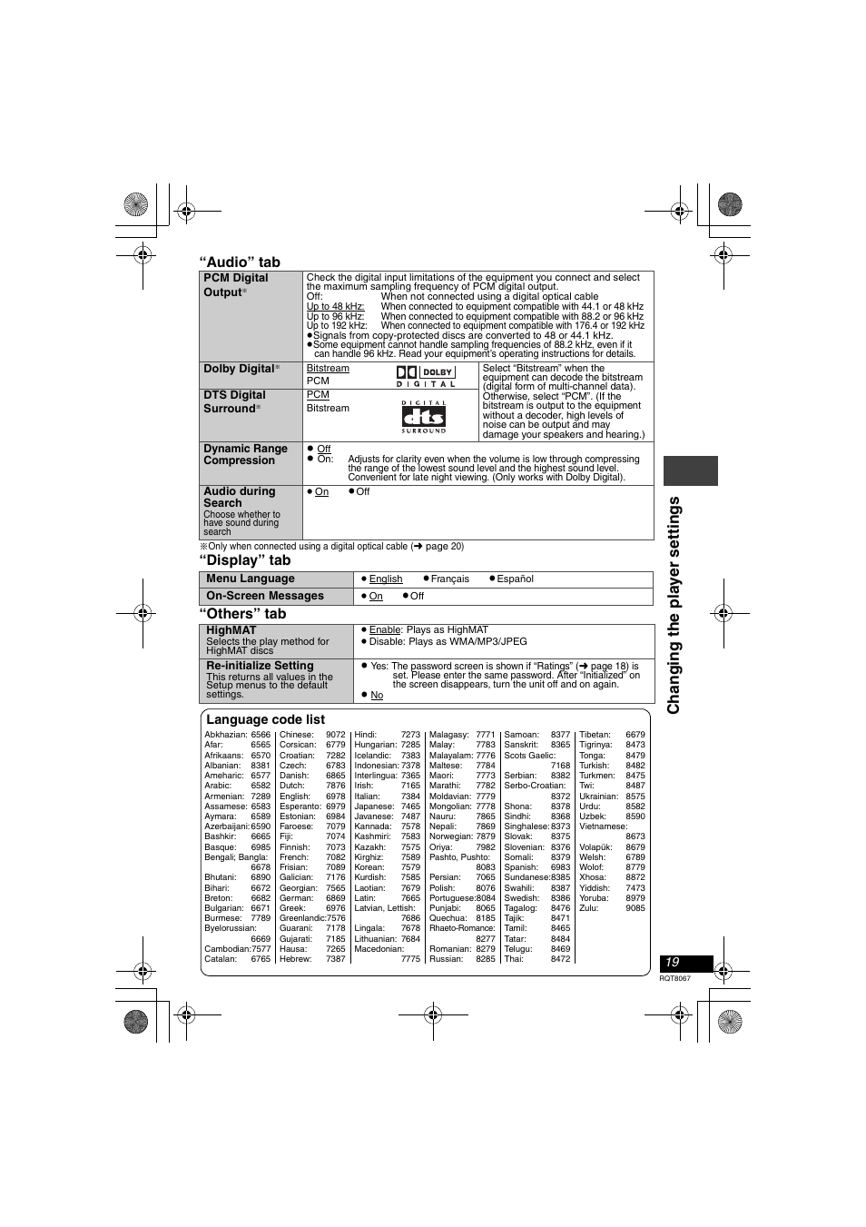 Changi ng t he pla y er set ti ngs, Audio” tab, Display” tab “others” tab | Language code list | Panasonic DVD-LS90  EN User Manual | Page 19 / 32