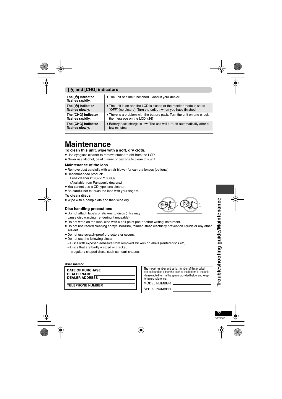 Maintenance, Troub leshoot ing gui de/mai n tena nce | Panasonic DVD-LS90  EN User Manual | Page 27 / 32