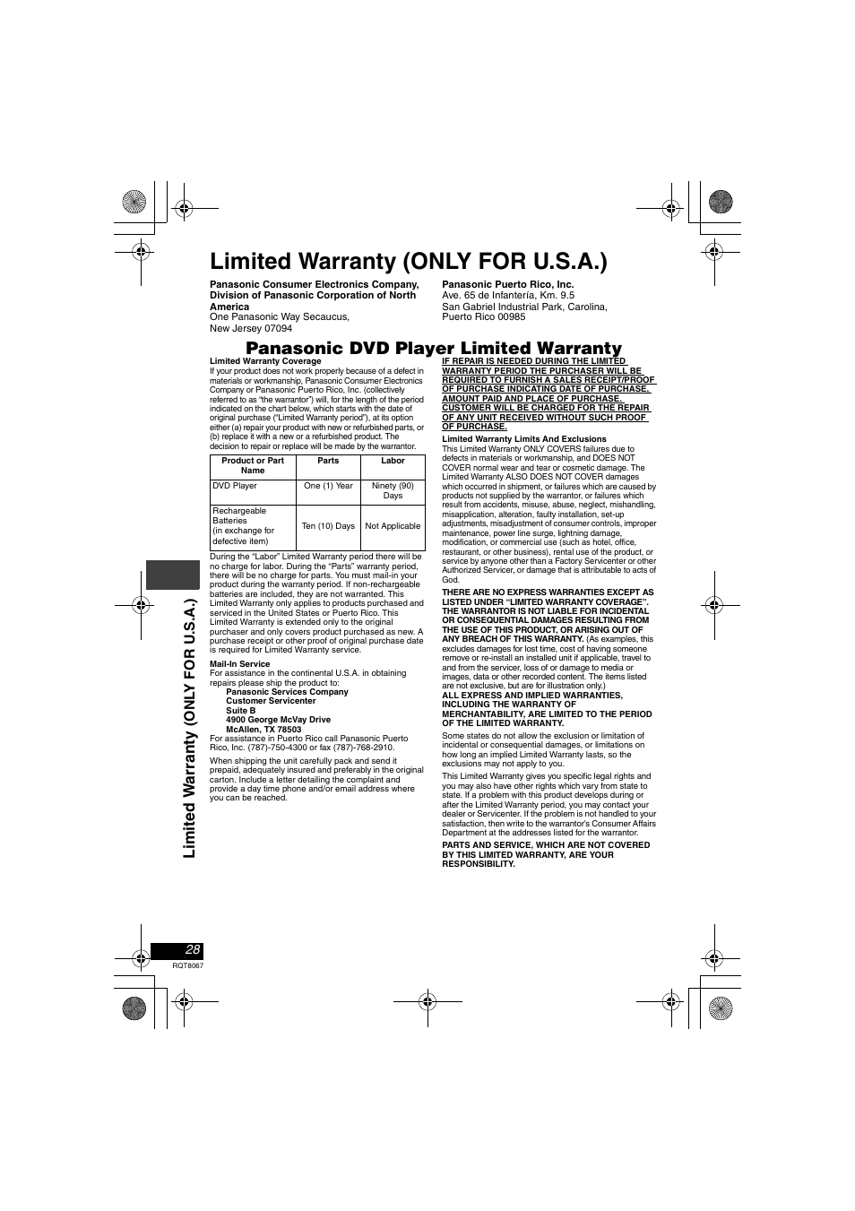 Limited warranty (only for u.s.a.), Panasonic dvd player limited warranty, Limit ed w a rr anty | Panasonic DVD-LS90  EN User Manual | Page 28 / 32