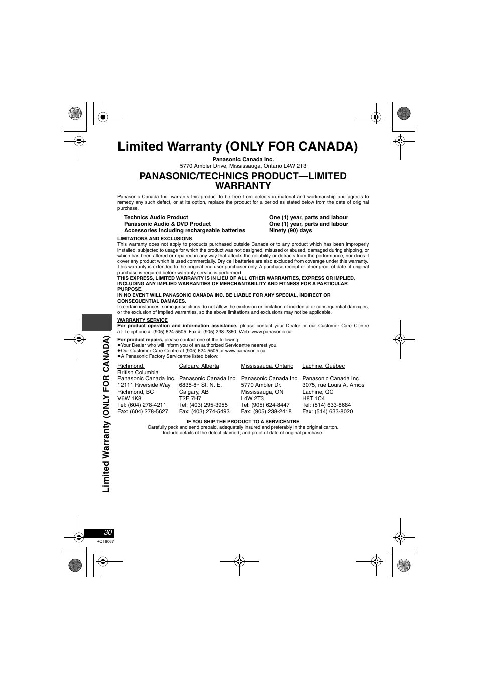 Limited warranty (only for canada), Panasonic/technics product—limited warranty | Panasonic DVD-LS90  EN User Manual | Page 30 / 32