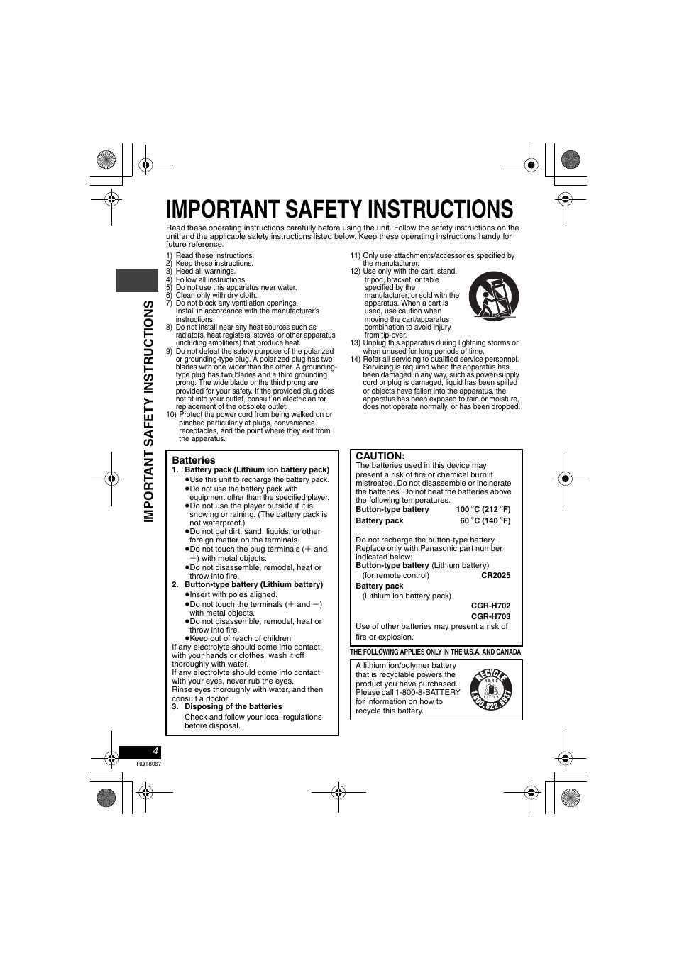 Important safety instructions, Im po r t ant safety instr ucti o n s | Panasonic DVD-LS90  EN User Manual | Page 4 / 32