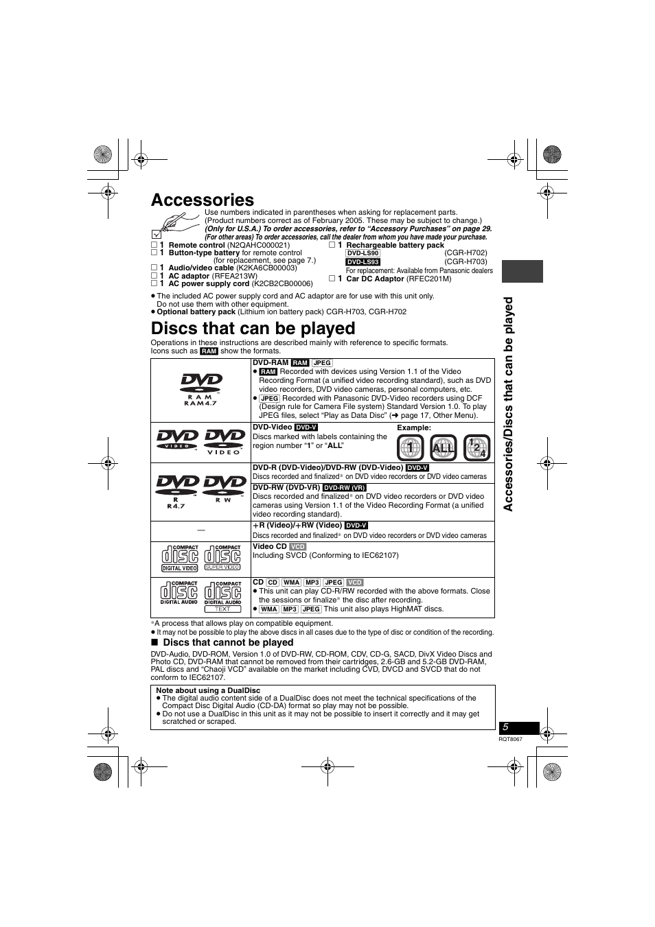 Accessories, Discs that can be played, Accesso rie s /di scs t hat can be pla y ed | Panasonic DVD-LS90  EN User Manual | Page 5 / 32