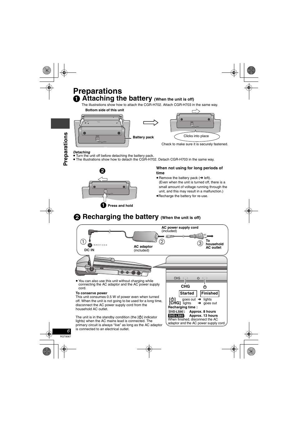 Preparations, 1 attaching the battery, 2 recharging the battery | Pre parat ions | Panasonic DVD-LS90  EN User Manual | Page 6 / 32