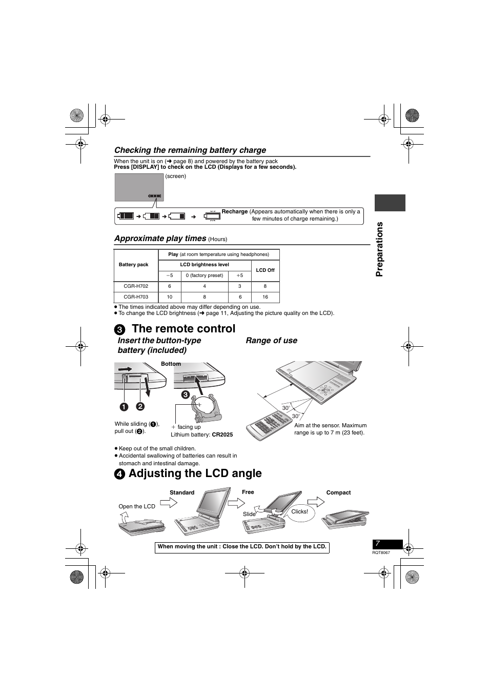 3 the remote control, 4 adjusting the lcd angle, 3 the remote control 4 adjusting the lcd angle | Prep arat ions, Checking the remaining battery charge, Approximate play times | Panasonic DVD-LS90  EN User Manual | Page 7 / 32