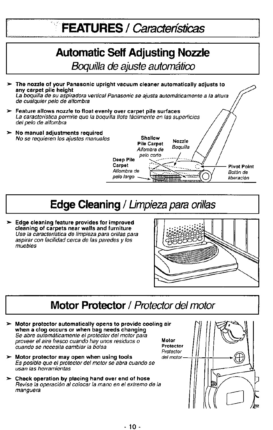 Features, Catacteristìcas, Automatic self adjusting nozzie | Edge cleaning, Motor protector, Boquilla de ajuste automâtiœ, Limpieza para orillas, Protector del motor | Panasonic MC-V7390 User Manual | Page 10 / 27