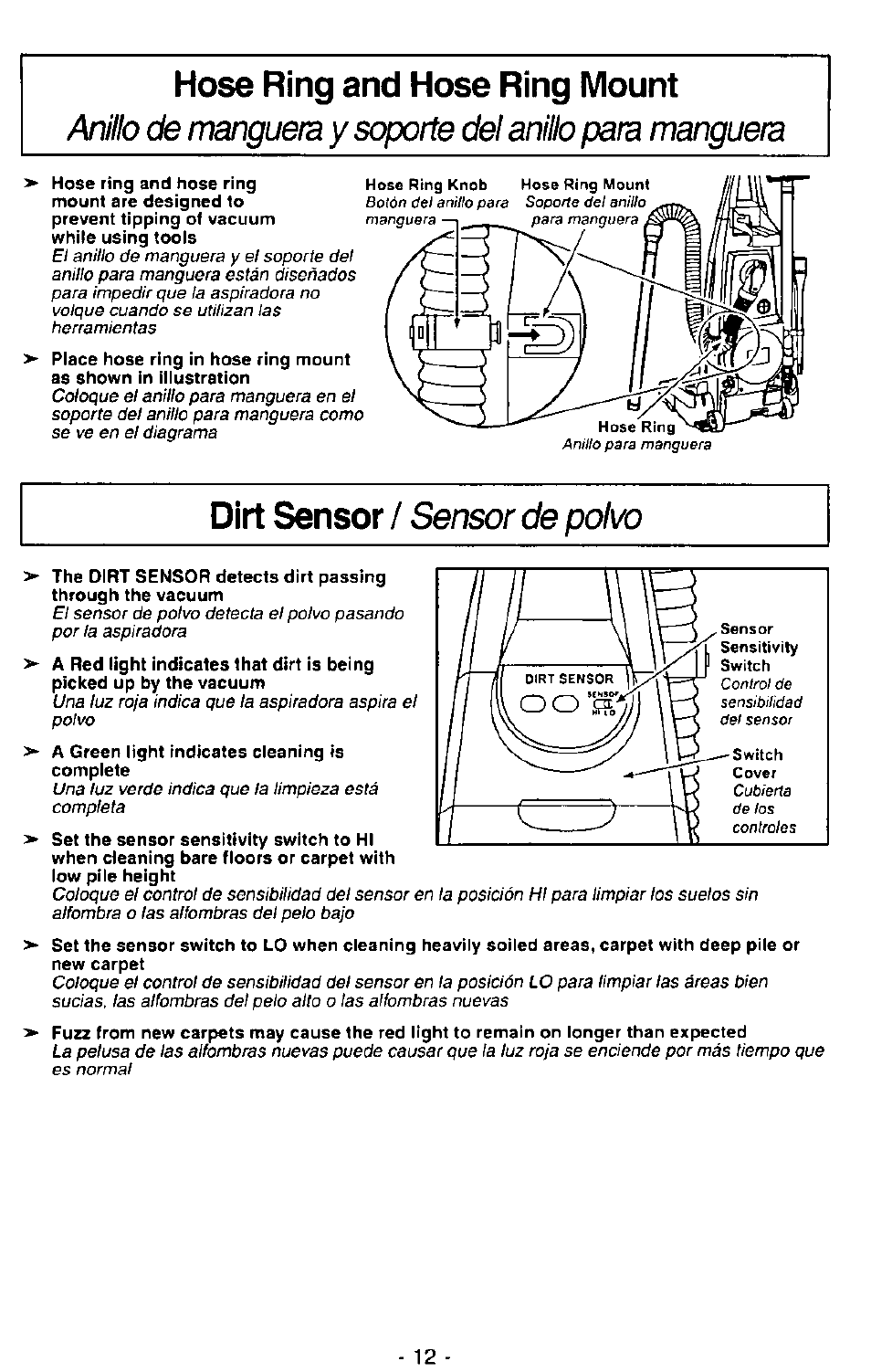 Hose ring and hose ring mount, Dirt sensor, Sensor de polvo | Panasonic MC-V7390 User Manual | Page 12 / 27