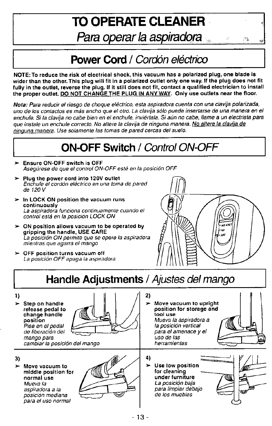 Operate cleaner, Para operar la aspimck^ra, Power cord | On-off switch, Handle adjustments, Cordón eléctrico, Control on-off, Ajustes del mango | Panasonic MC-V7390 User Manual | Page 13 / 27