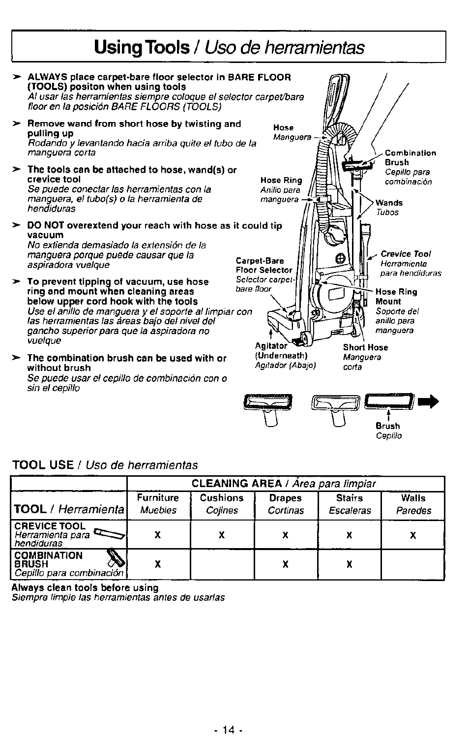 Using tools, Uso de herramientas, Herramienta | Panasonic MC-V7390 User Manual | Page 14 / 27