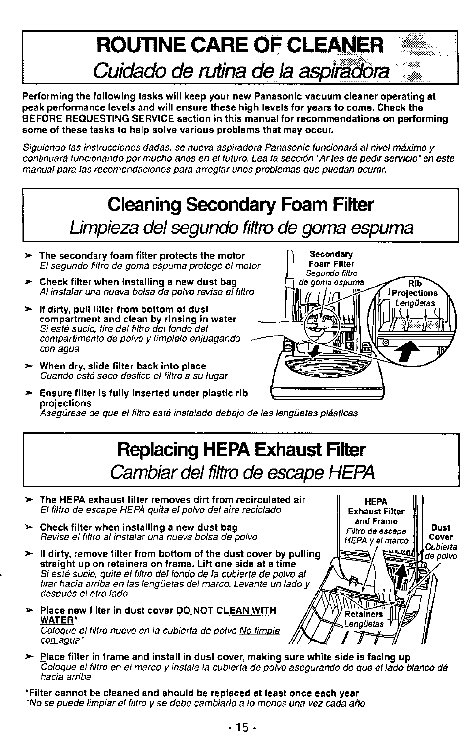 Routine care of cleaner, Asp/zi^/a, Cuidado de rutina dé la | Cleaning secondary foam filter, Replacing hepa exhaust riter, Limpieza del segundo filtro de goma espuma, Cambiar del filtro de escape hepa | Panasonic MC-V7390 User Manual | Page 15 / 27