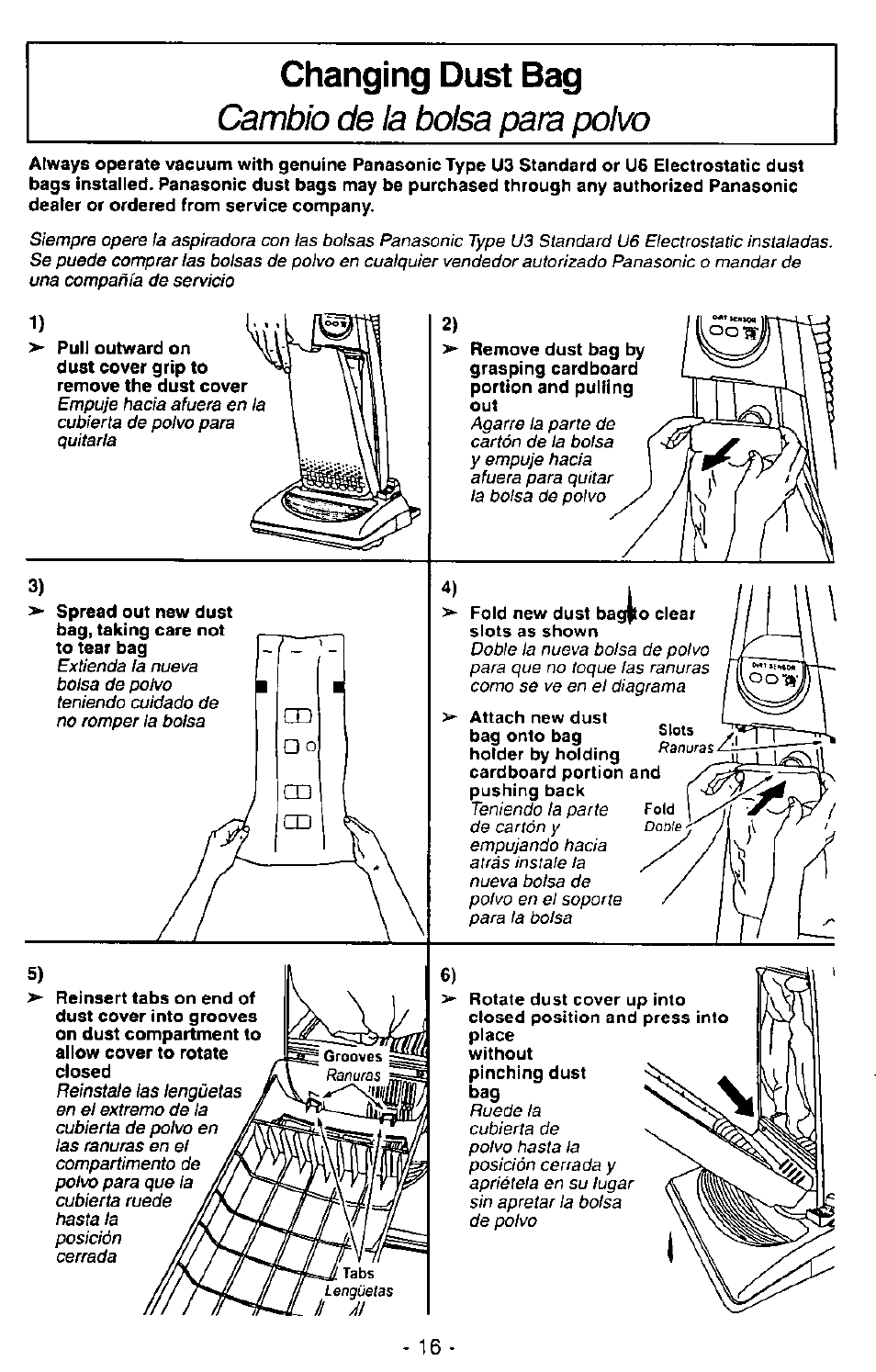 Changing dust bag, Cambb de la bolsa para ро1\ю | Panasonic MC-V7390 User Manual | Page 16 / 27