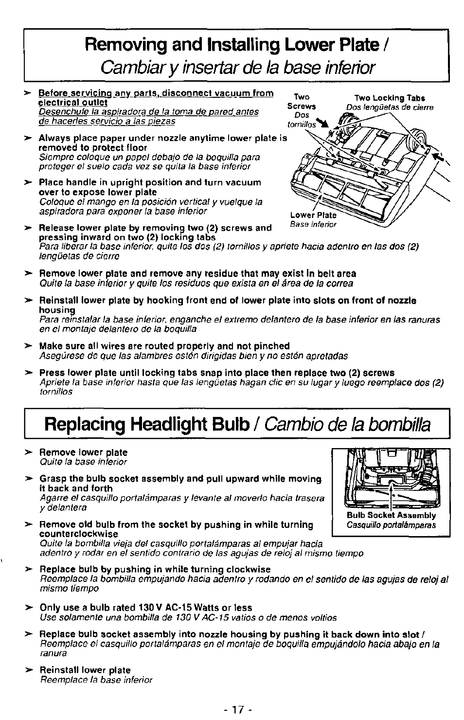 Removing and installing lower plate, Replacing headlight bulb, Cambiar y insertar de la base inferior | Cambio de ia bombala | Panasonic MC-V7390 User Manual | Page 17 / 27