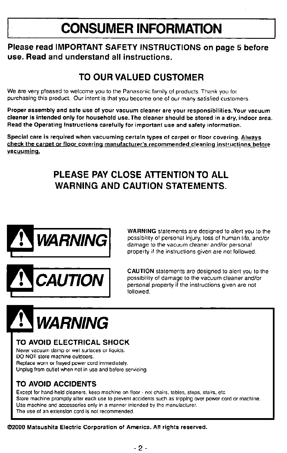 Consumer information, To avoid electrical shock, To avoid accidents | Warning, Caution | Panasonic MC-V7390 User Manual | Page 2 / 27
