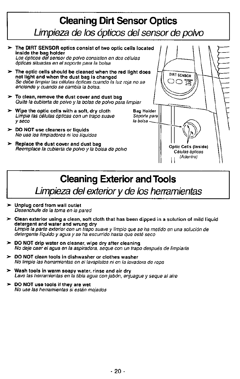 Cleaning dirt sensor optics, Cleaning exterior and tools, Limpieza de bs ópticos del sensor de polvo | Limpieza del exterior y de los herramientas | Panasonic MC-V7390 User Manual | Page 20 / 27