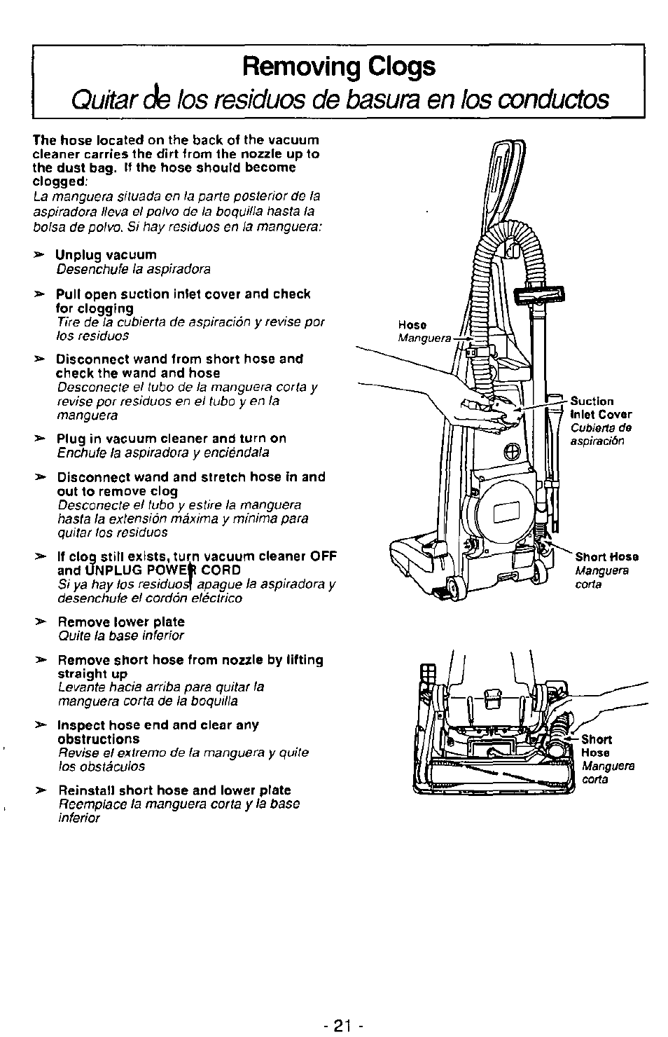 Removing clogs, Quitar de los residuos de basura en los conductos | Panasonic MC-V7390 User Manual | Page 21 / 27