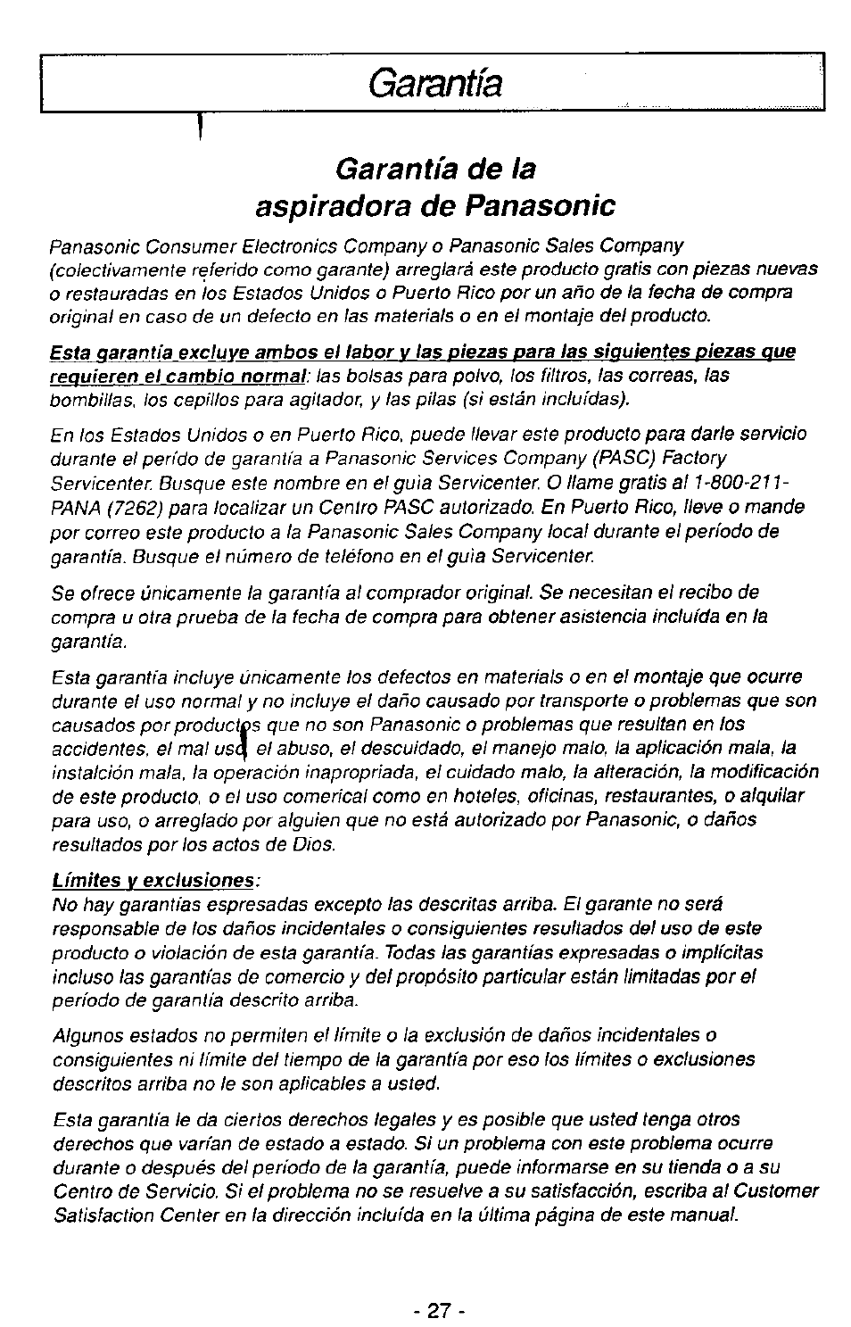 Garantía, Garantía de la aspiradora de panasonic | Panasonic MC-V7390 User Manual | Page 26 / 27