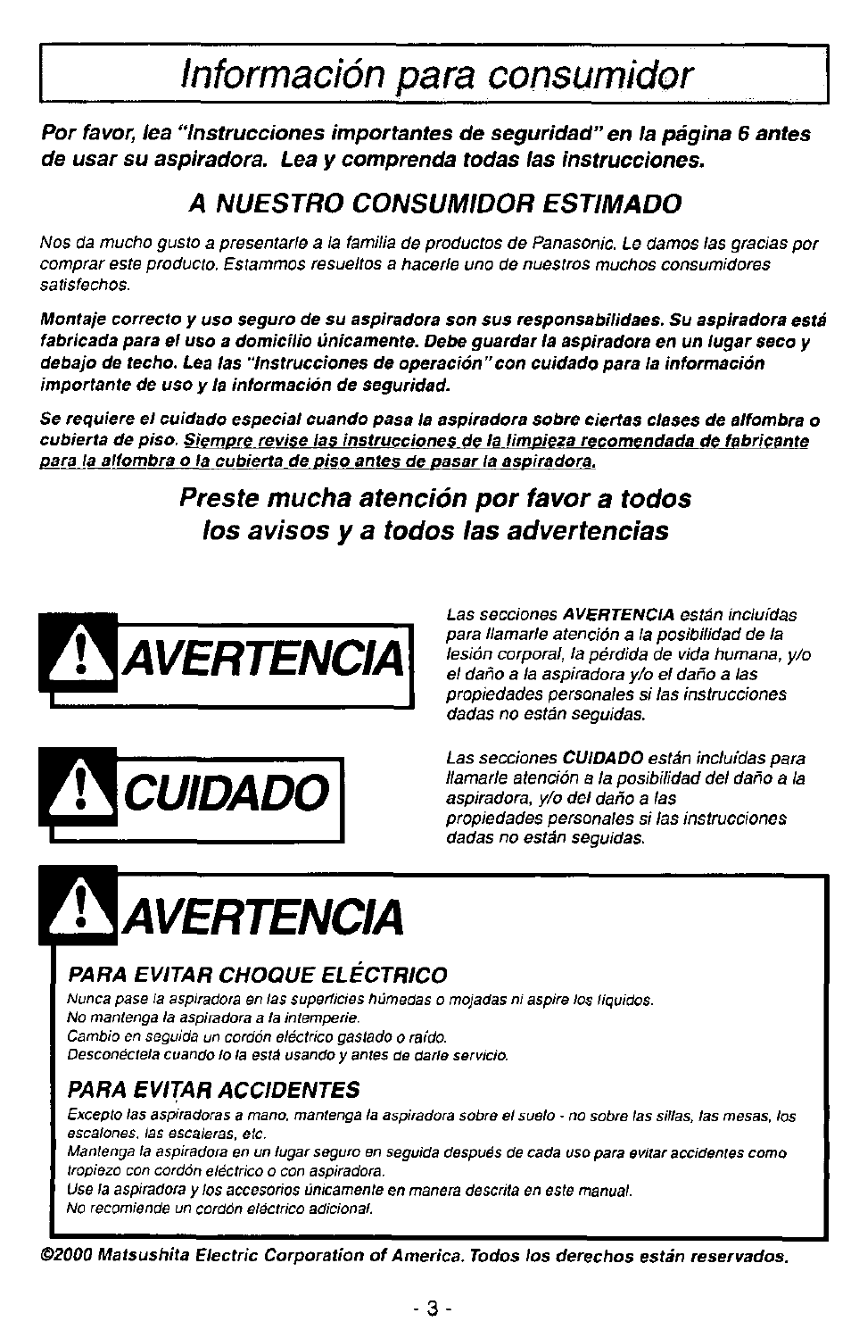 Avertencia, Cuidado | Panasonic MC-V7390 User Manual | Page 3 / 27