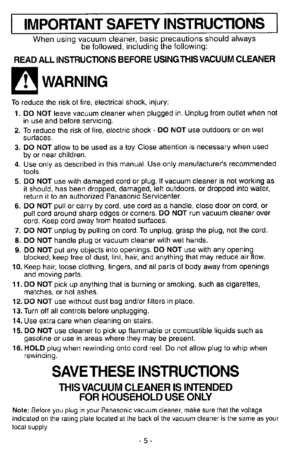 Important safety instructions, Warning, Savethese instructions | Panasonic MC-V7390 User Manual | Page 5 / 27