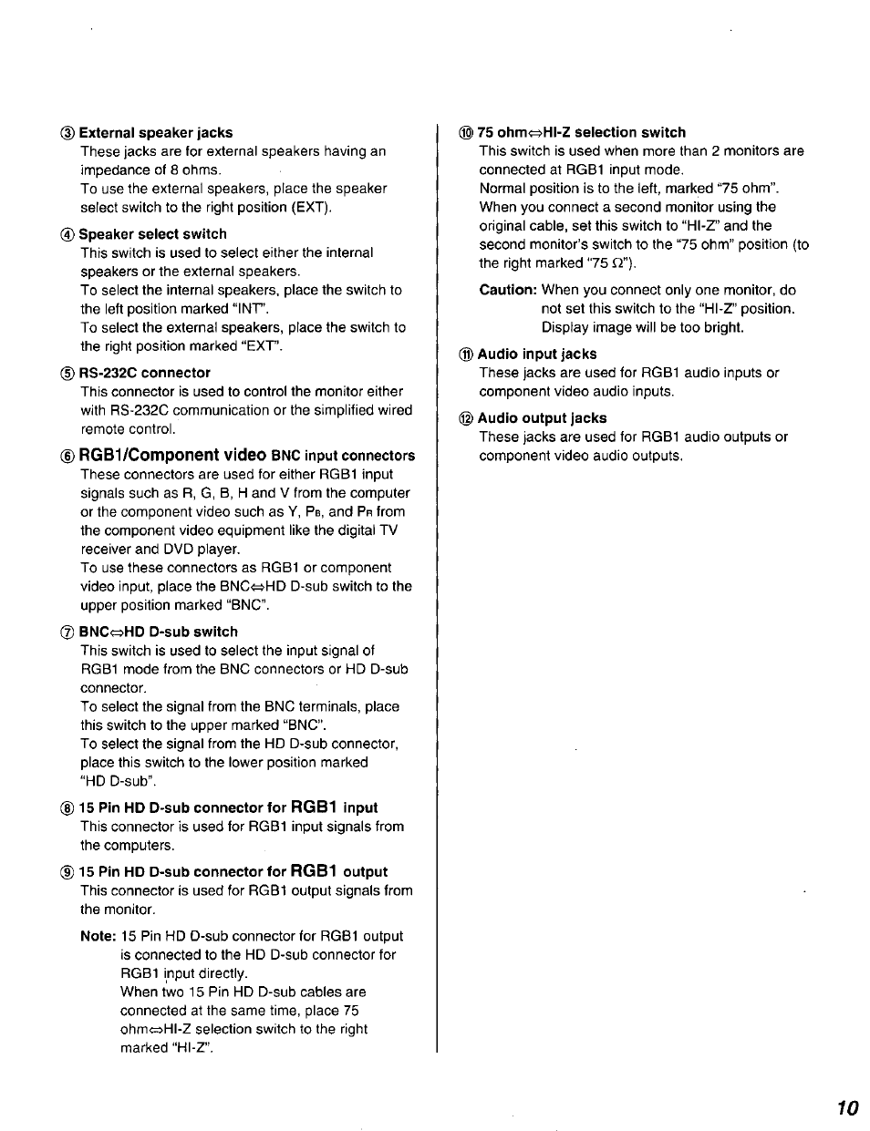 D rgb1/component video bnc input connectors | Panasonic DT2750MS User Manual | Page 11 / 48