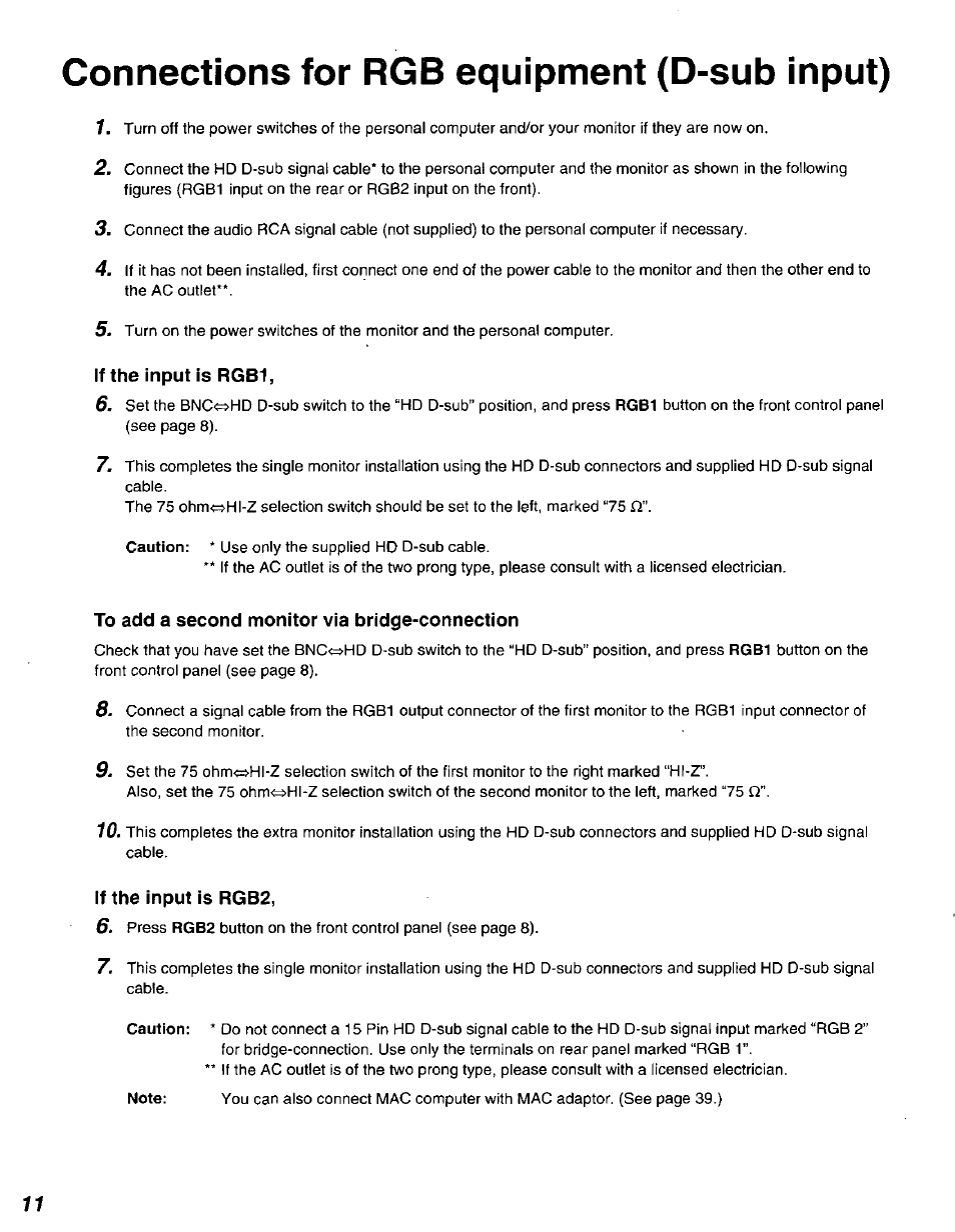 If the input is rgb1, To add a second monitor via bridge*connection, If the input is rgb2 | Connections for rgb equipment (d-sub input) | Panasonic DT2750MS User Manual | Page 12 / 48