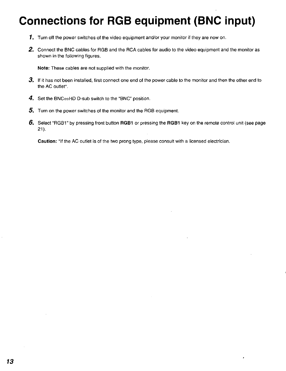 Connections for rgb equipment (bnc input) | Panasonic DT2750MS User Manual | Page 14 / 48