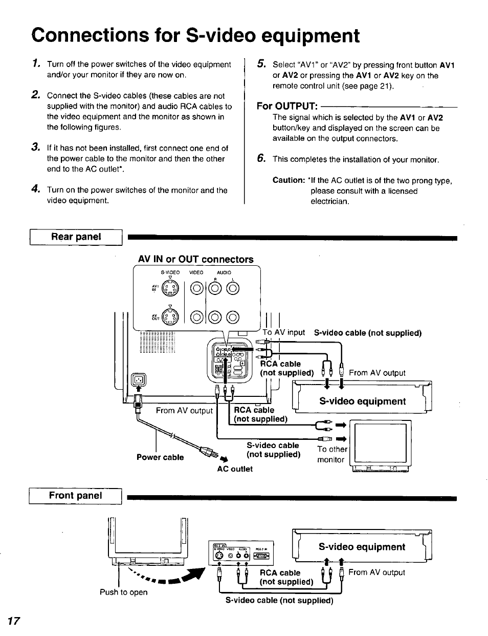 For output, Rear panel, Av in or out connectors | Front panel, S-video equipment, Rca cable (not supplied), S-video cable (not supplied), Connections for s-video equipment | Panasonic DT2750MS User Manual | Page 18 / 48