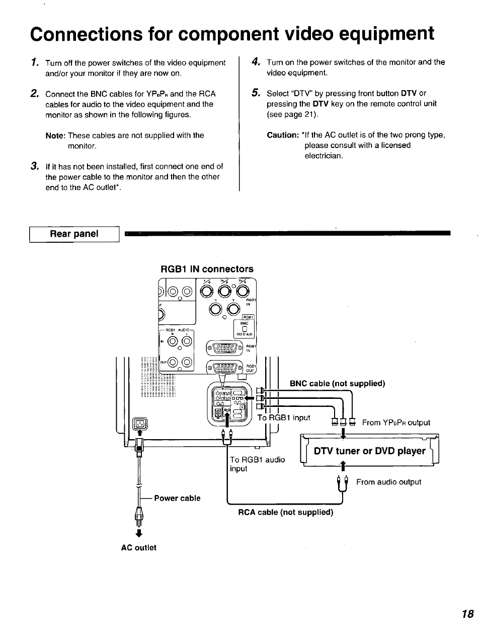 Rear panel, Rgb1 in connectors, Connections for component video equipment | Panasonic DT2750MS User Manual | Page 19 / 48