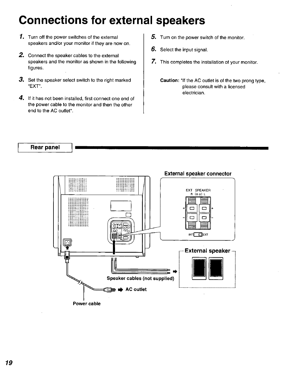 Rear panel, Connections for external speakers | Panasonic DT2750MS User Manual | Page 20 / 48