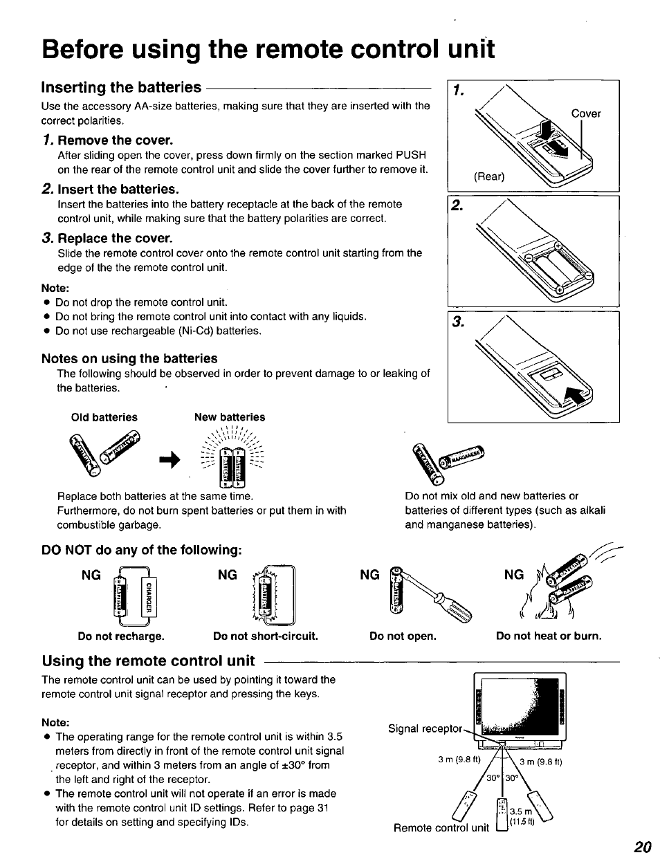 Remove the cover, Insert the batteries, Replace the cover | Note, Notes on using the batteries, New batteries, Do not do any of the following: ng, Do not recharge, Before using the remote control unit, Inserting the batteries | Panasonic DT2750MS User Manual | Page 21 / 48