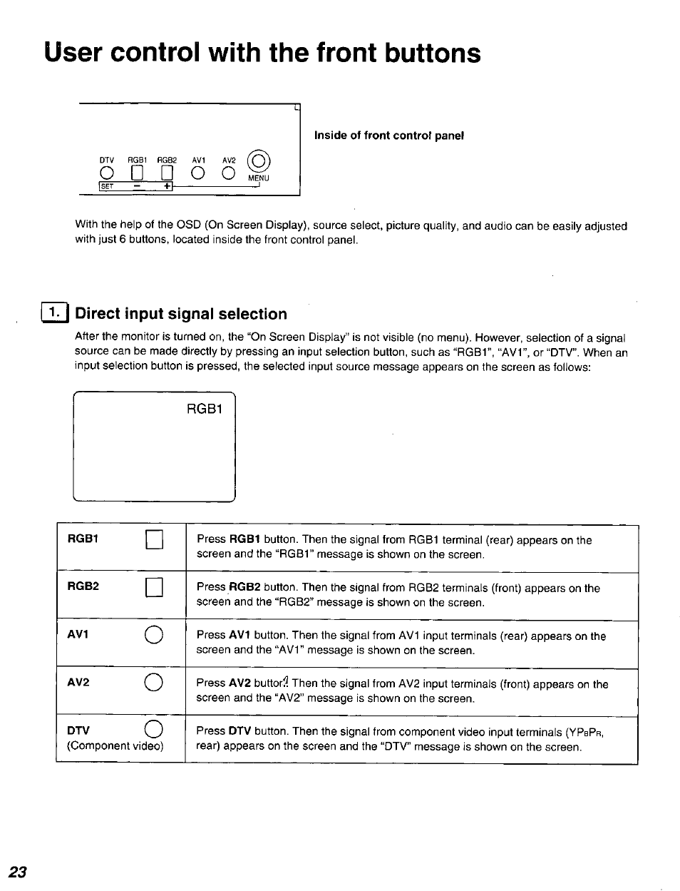 I 1-1 direct input signal selection, User control with the front buttons, 1 direct input signal selection | Panasonic DT2750MS User Manual | Page 24 / 48