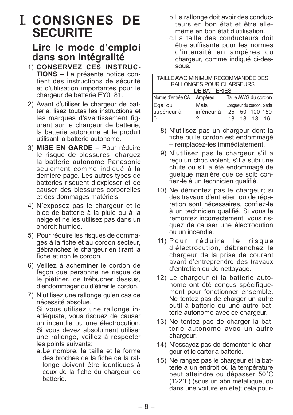 Consignes de securite, Lire le mode d’emploi dans son intégralité | Panasonic EY0L81 User Manual | Page 8 / 20