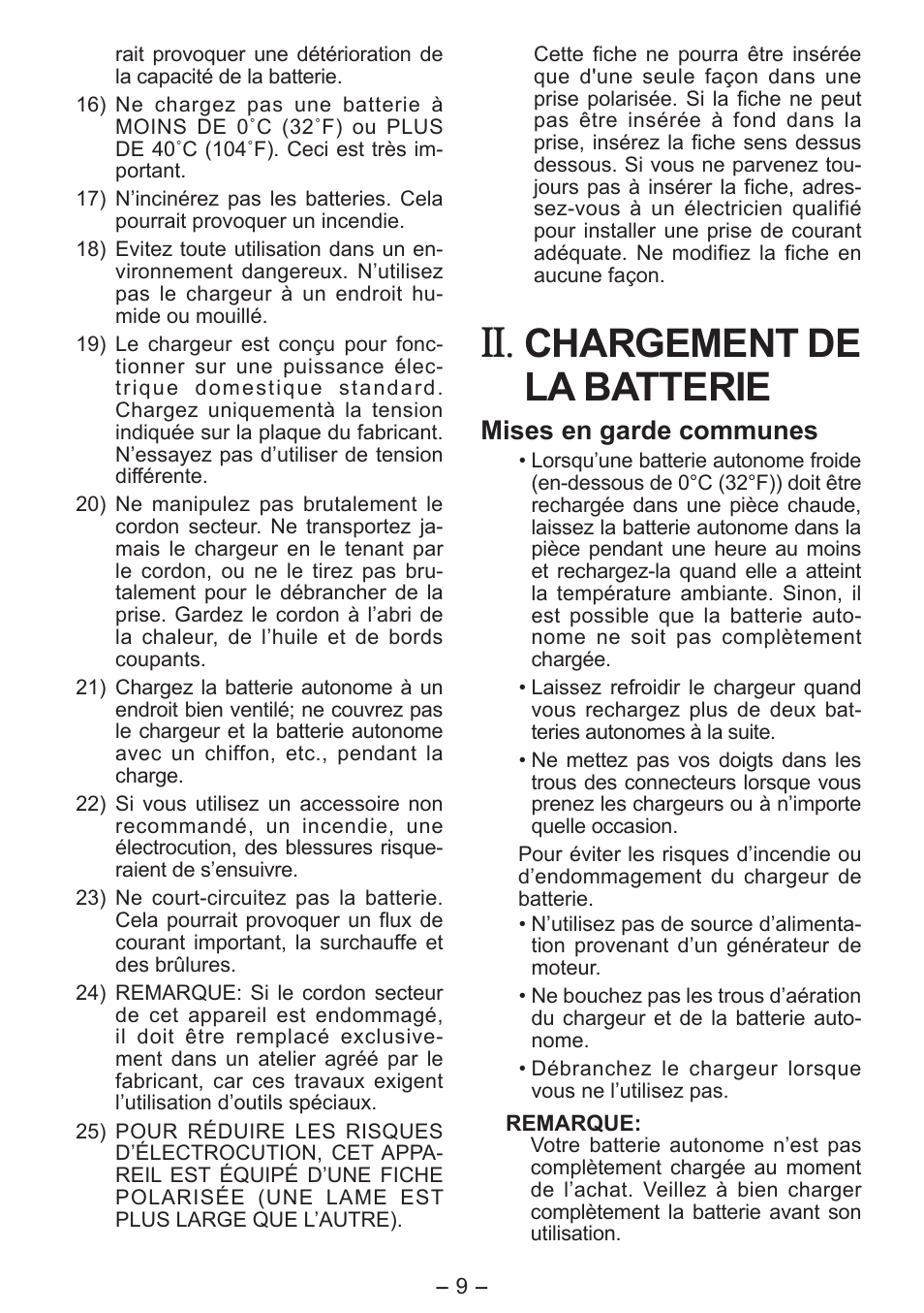 Chargement de la batterie, Mises en garde communes | Panasonic EY0L81 User Manual | Page 9 / 20