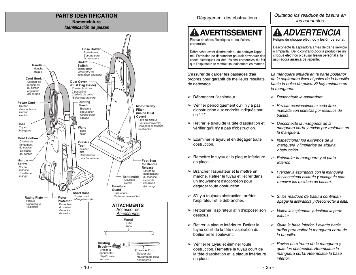 Parts identification, Nomenclature, Identificación de piezas | Aad dv ve er rt te en nc ciia a, Avertissement | Panasonic MC-UG383 User Manual | Page 10 / 44