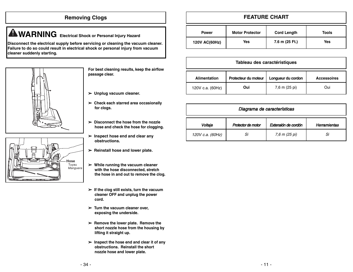 Warning | Panasonic MC-UG383 User Manual | Page 11 / 44