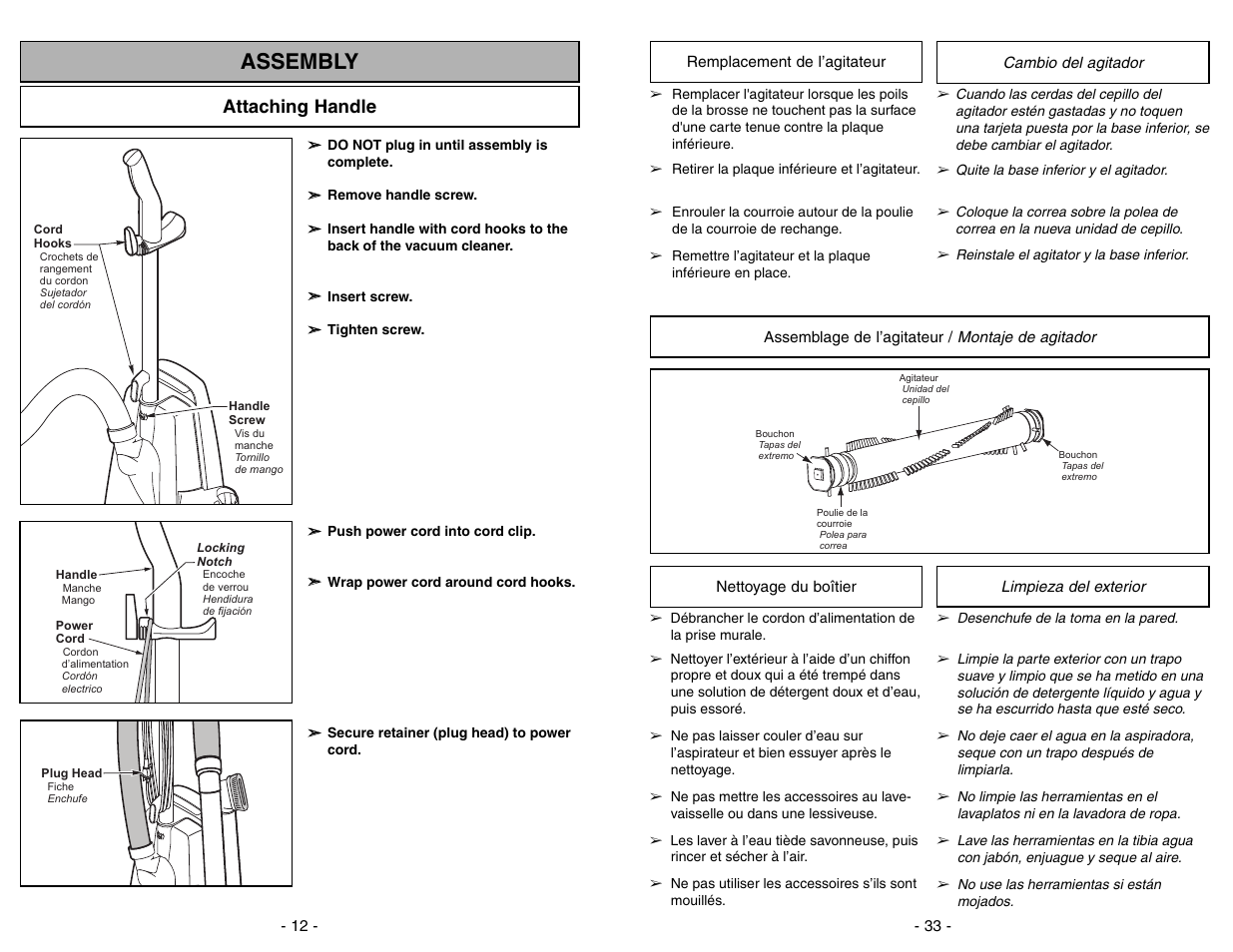 Assembly, Attaching handle | Panasonic MC-UG383 User Manual | Page 12 / 44