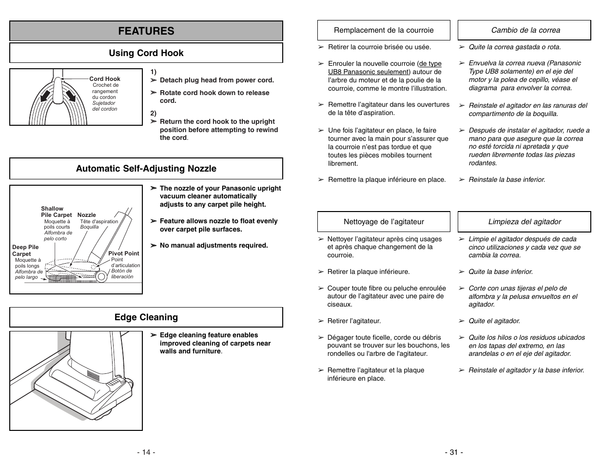 Features, Using cord hook, Automatic self-adjusting nozzle | Edge cleaning | Panasonic MC-UG383 User Manual | Page 14 / 44