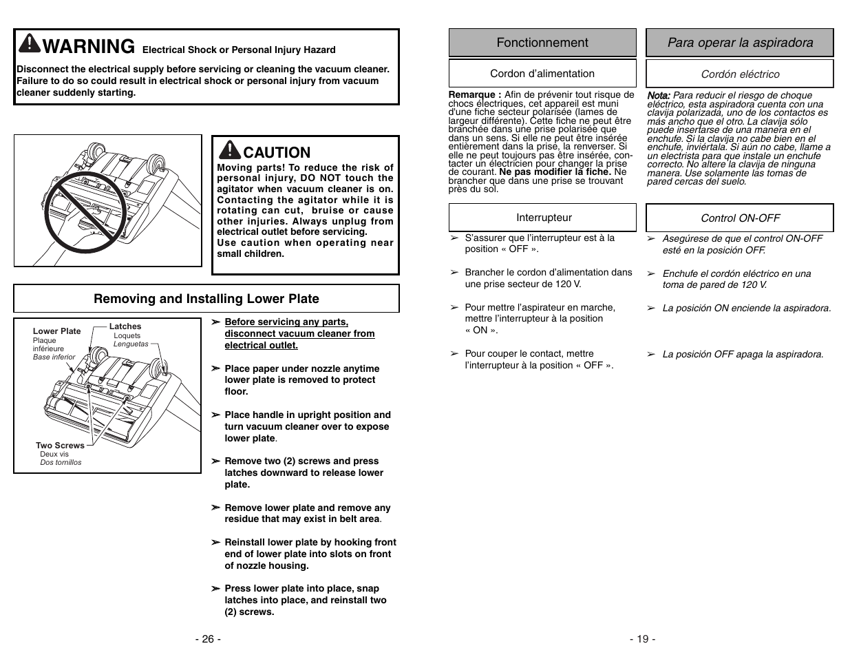 Fonctionnement, Cordon d’alimentation, Interrupteur | Para operar la aspiradora, Cordón eléctrico, Control on-off, Warning, Caution, Para operar la aspiradora fonctionnement, Removing and installing lower plate | Panasonic MC-UG383 User Manual | Page 19 / 44